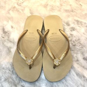 Gold Havaiana Flip Flops with Crystal Flower